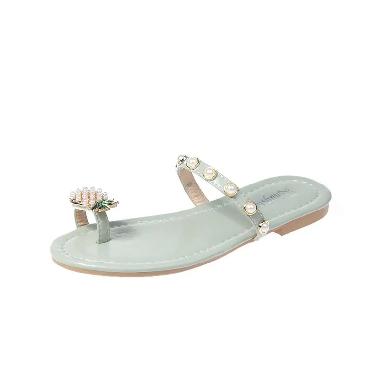 Pineapple Pearl Slippers Female Summer Flip Flops Outer Wear Flat Sandals And Slippers - Green