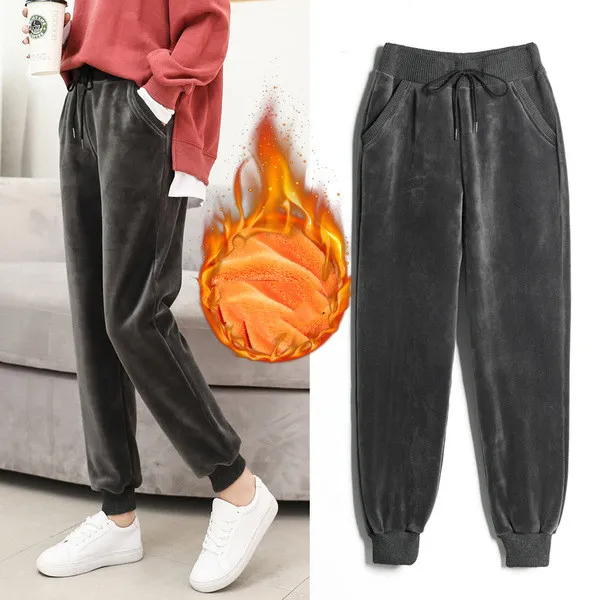 Gold Velvet Loose Feet Casual Harem Pants Grey Plus Cashmere - Shop at LoveMi