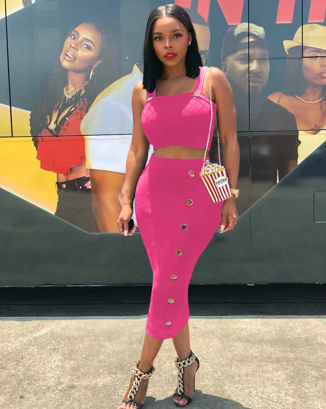 Two Piece Casual Sexy Suspender Midi Skirt Pink - Shop at LoveMi