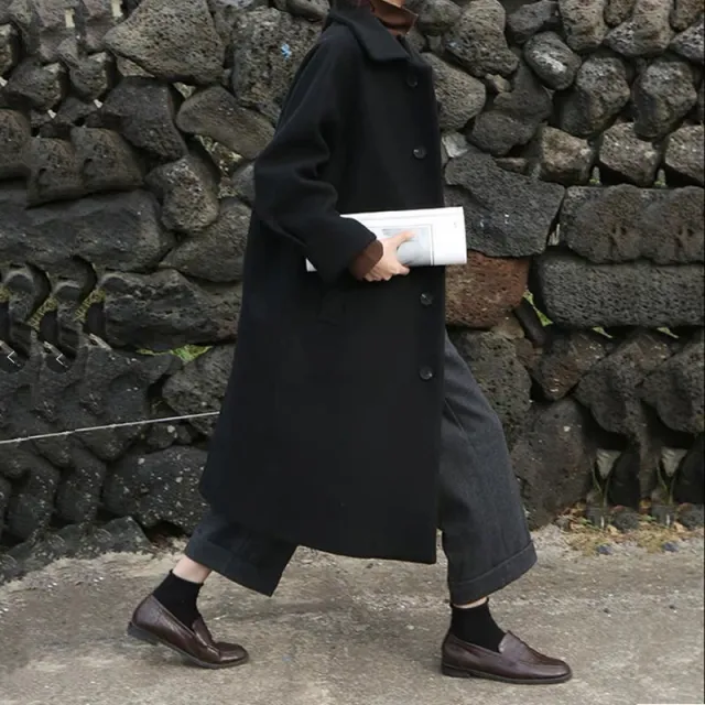 Women's Autumn and Winter Mid Length Woolen Coat Black - Shop at LoveMi