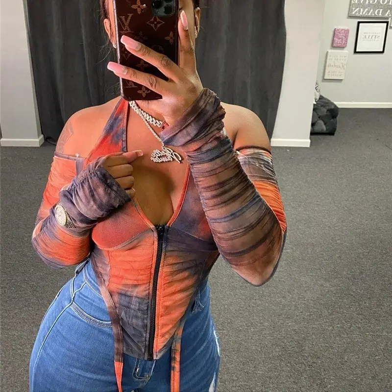V-Neck Lace Up Mesh Sexy Perspective Long Sleeve T-Shirt