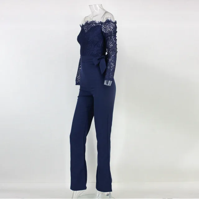 Hot style lace Patchwork Butterfly Jumpsuit With Single Collar Dark Blue - Shop at LoveMi