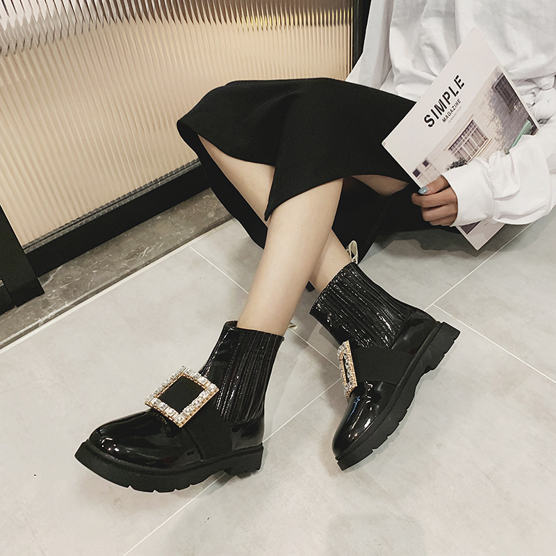 Autumn and Winter Martin Boots RV Rhinestone Square Buckle  Boots