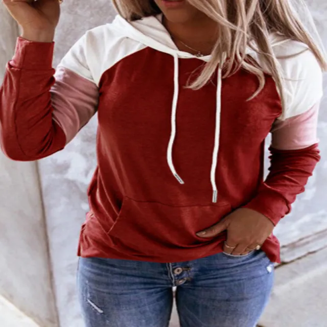 Ladies Loose Casual Color Matching Hooded Sweater Red - Shop at LoveMi