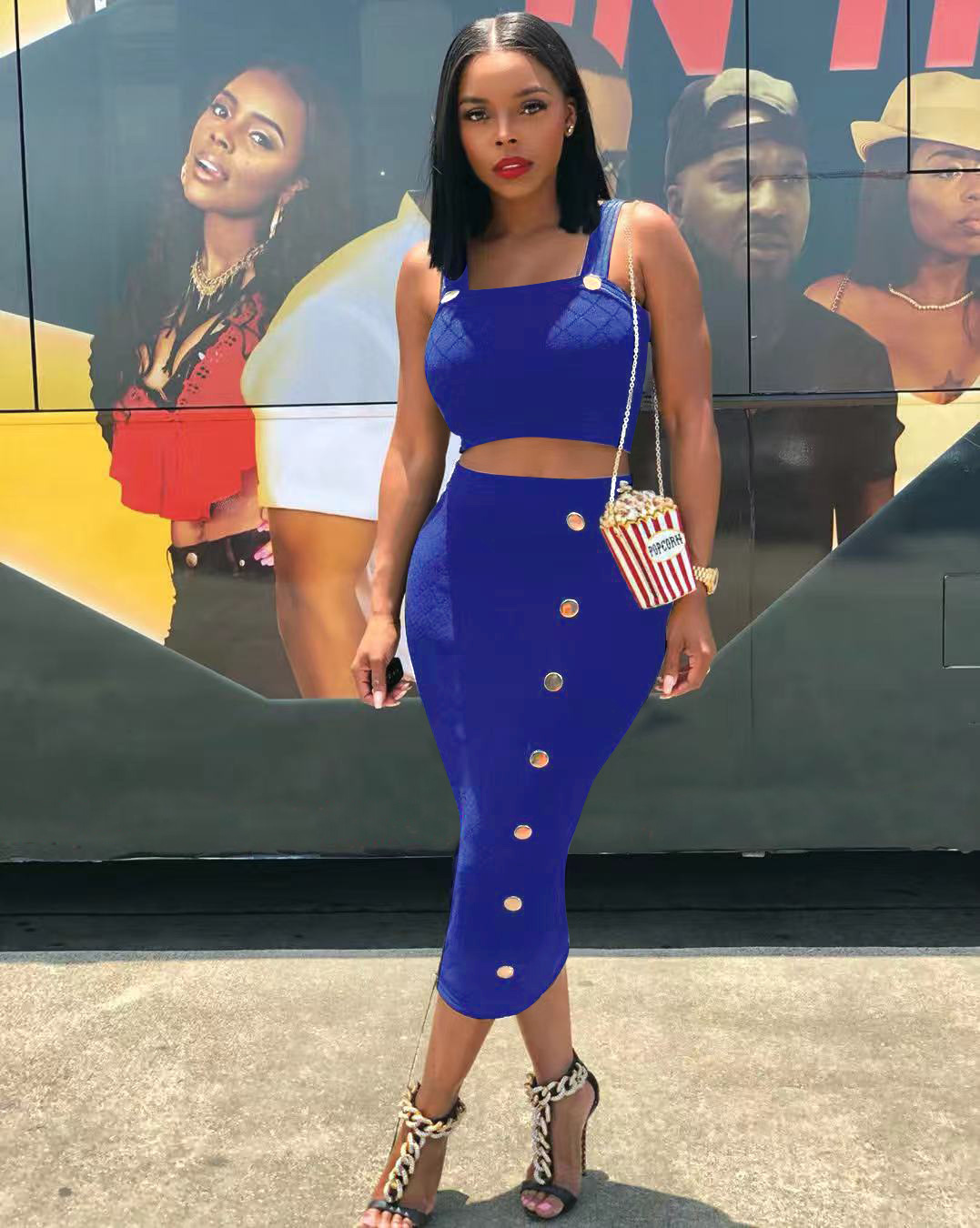Two Piece Casual Sexy Suspender Midi Skirt Blue - Shop at LoveMi