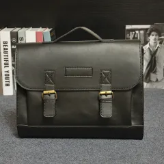 Crazy Horse Leather Tote Briefcase - Black - View 1
