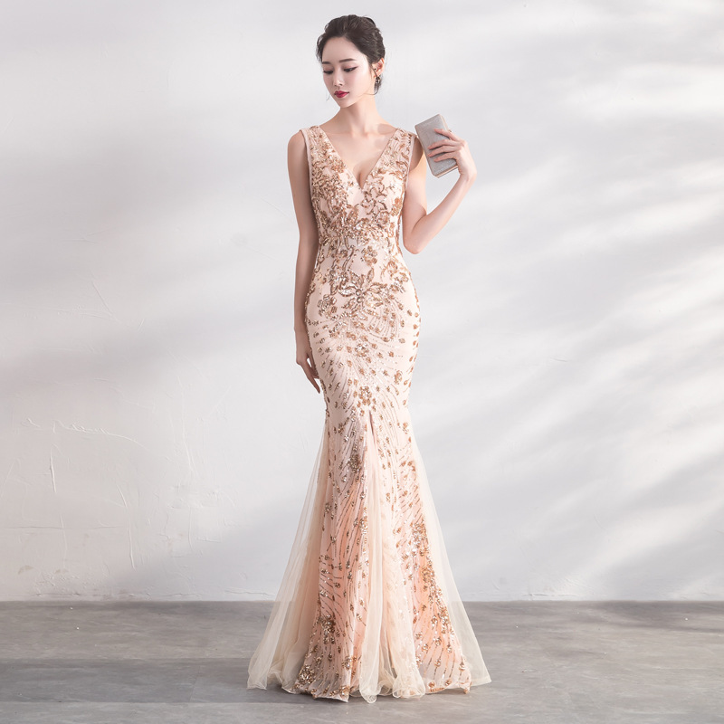 Long fishtail dress Apricot Beige - Shop at LoveMi