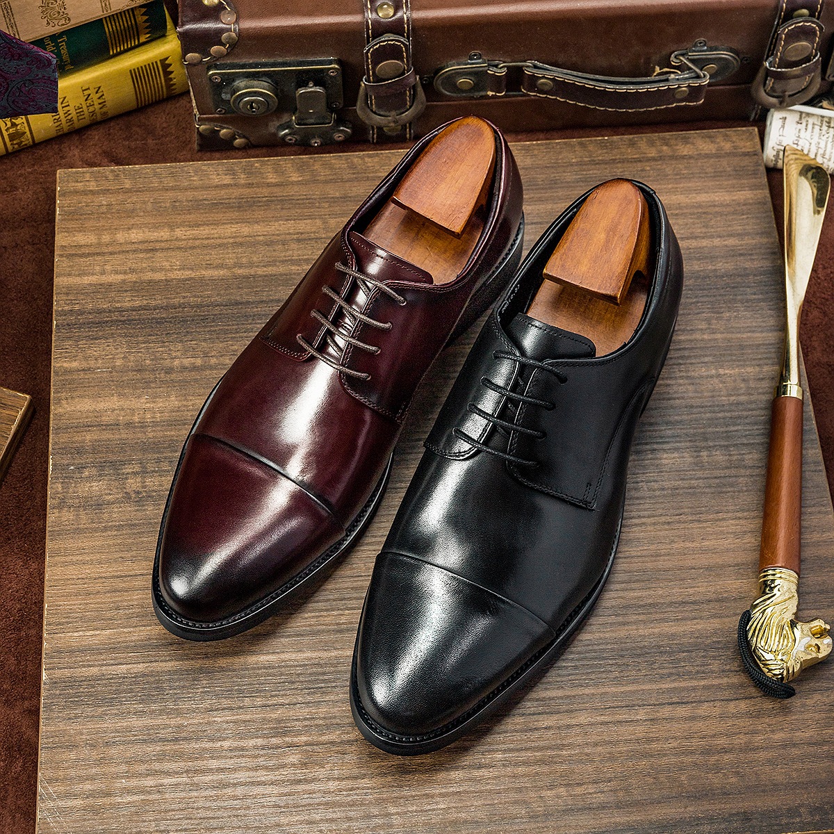 Three-Joint Leather Shoes Round Toe Strap Head Layer Cowhide