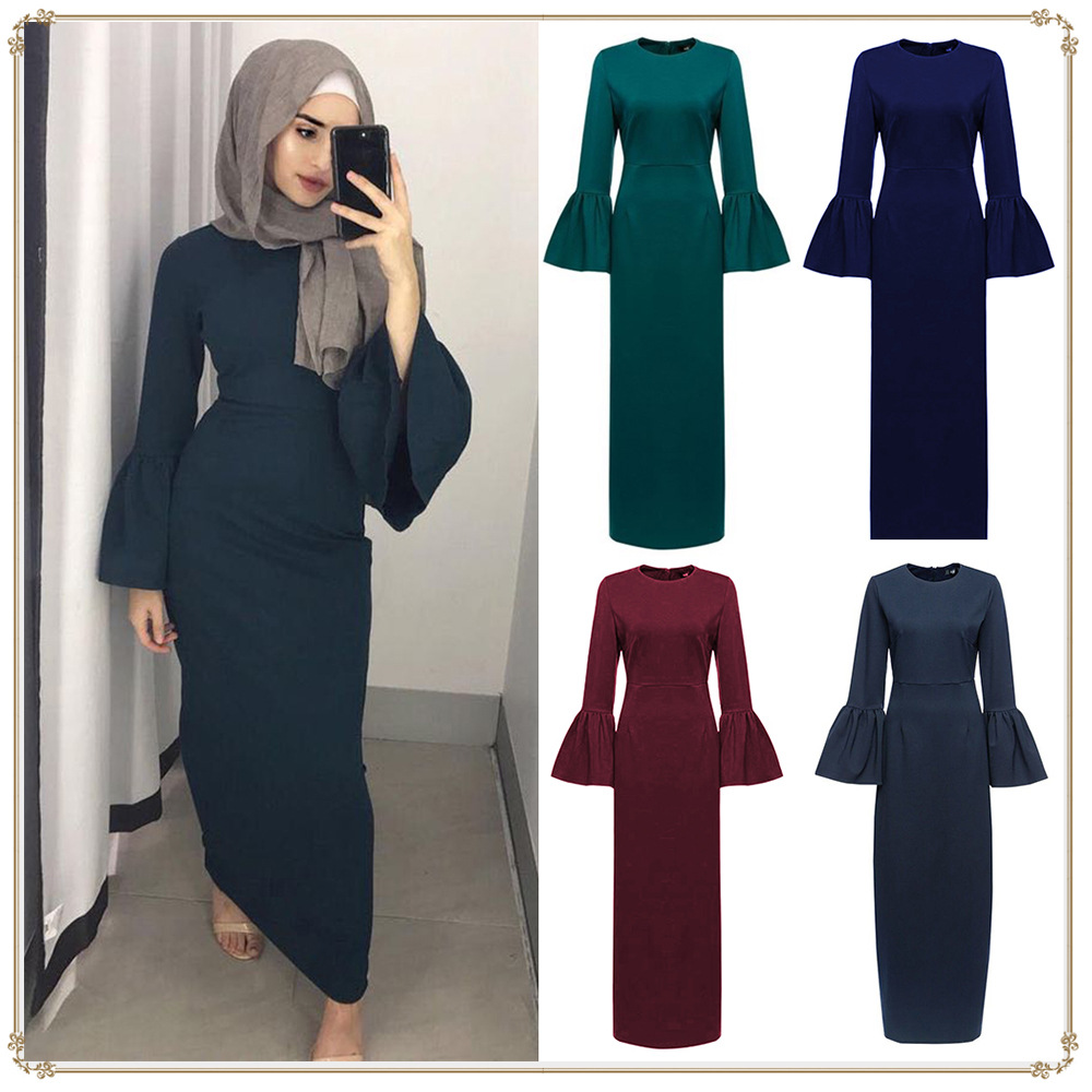 Solid color flared sleeve dress