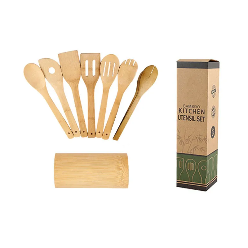 Bamboo Spatula Set with Square Holder Eco-Friendly with Ergonomic Handle Kitchen Utensil - 8 Style