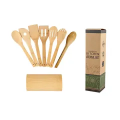 Bamboo Spatula Set with Square Holder Eco-Friendly with Ergonomic Handle Kitchen Utensil - 8 Style - View 1