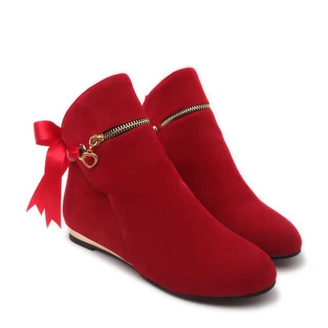 Women's Solid Color Short Tube Frosted Flat Heel Ankle Boots Red - Shop at LoveMi