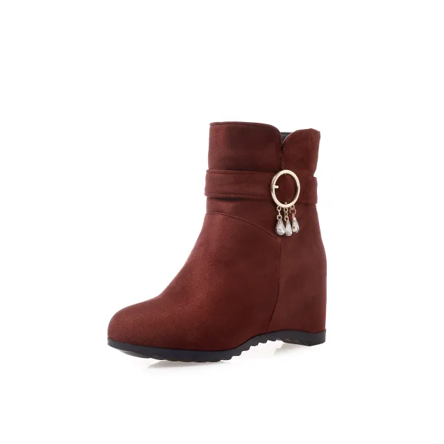 Fringed Round Toe Wedge Heel Winter Ladies Short Boots Wine - Shop at LoveMi