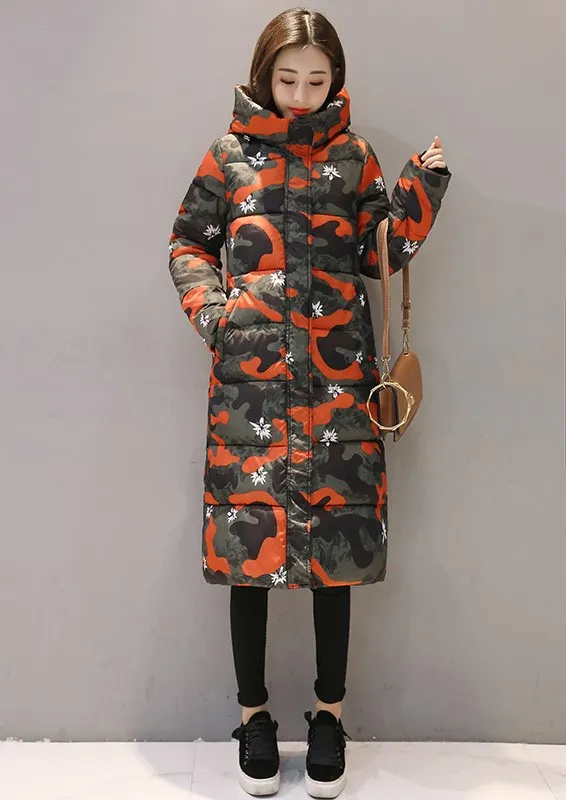 Women's long quilted jacket over the knee in winter Orange - Shop at LoveMi