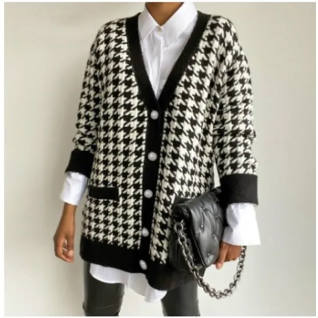 European and American Checked Commuter Knit Pullover Loose Casual Cardigan Black - Shop at LoveMi