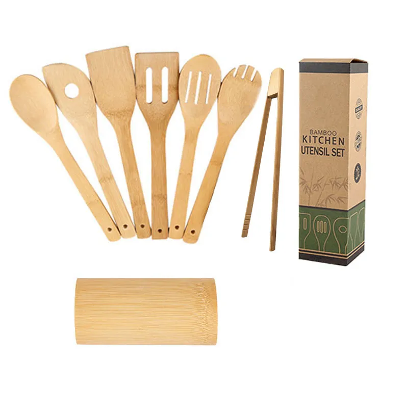 Bamboo Spatula Set with Square Holder Eco-Friendly with Ergonomic Handle Kitchen Utensil - 7 Style