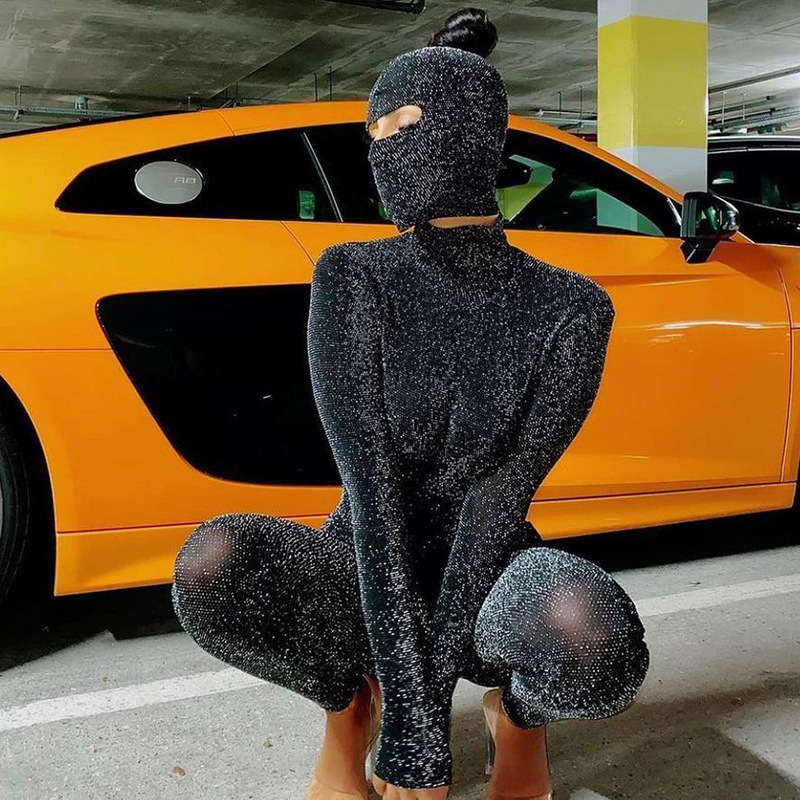 Sexy Bright Silk Halter Jumpsuit With Headgear Fashion Suit