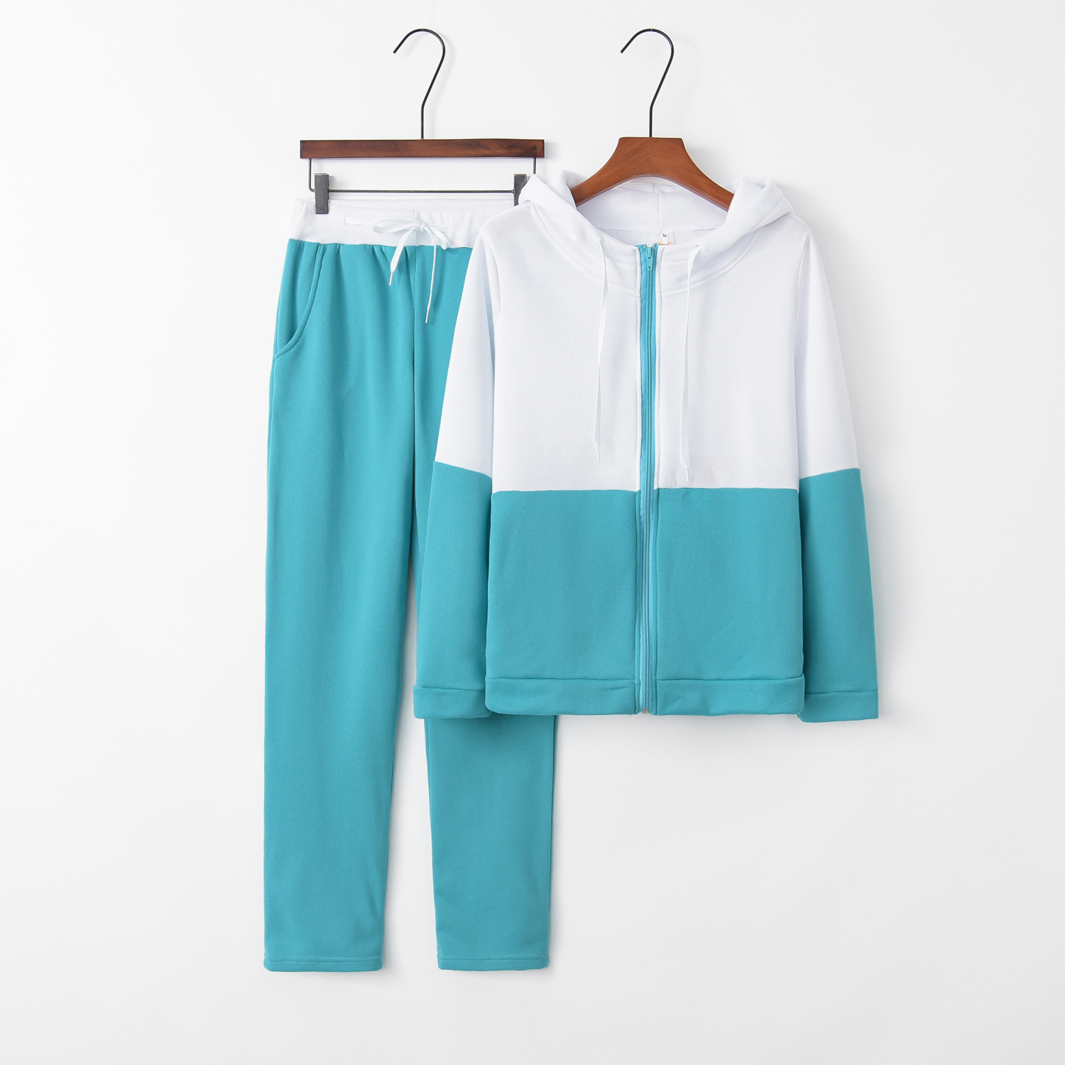 Patchwork hooded zipper sweater suit