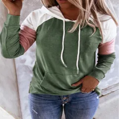 Ladies Loose Casual Color Matching Hooded Sweater - Army Green - View 1
