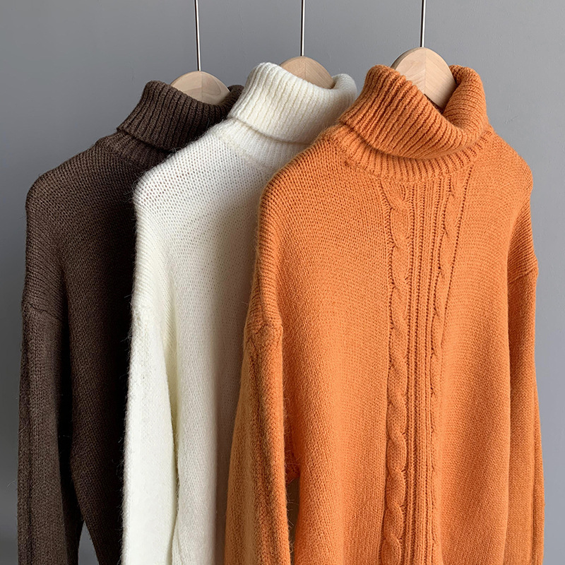 Solid color linen pattern high neck sweater women loose