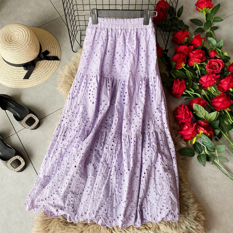 Elastic Waist Hollow Quality Skirt Mid-length