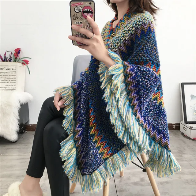 Tassel scarf coat woman Blue - Shop at LoveMi