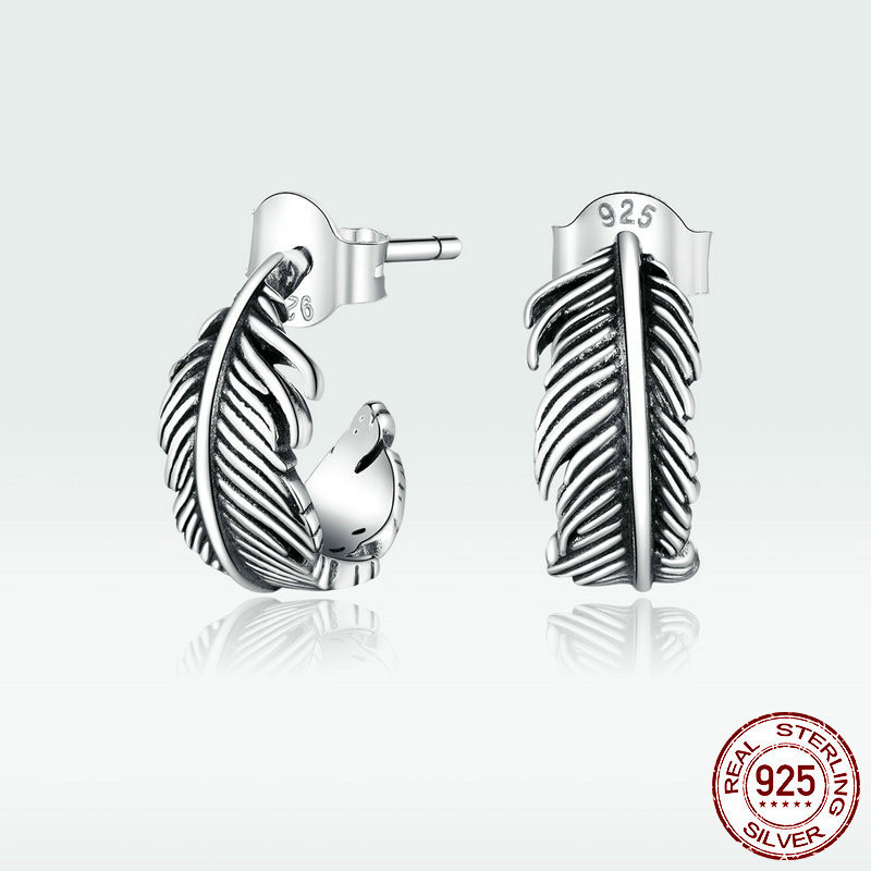 Simple line feather S925 silver earrings