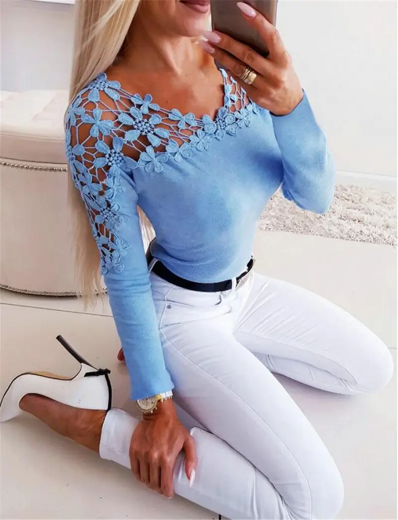 European and American Sexy Waist Lace Cut-Out Long-Sleeved Top