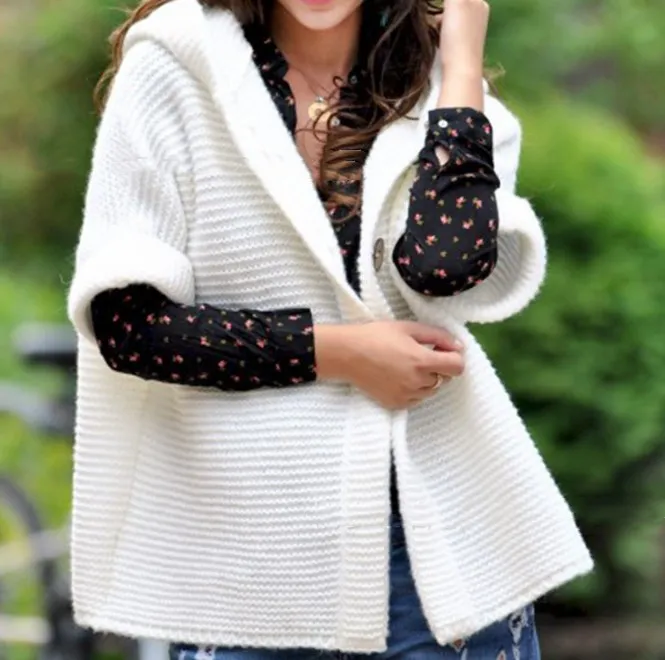 Sweater ladies fall/winter loose knit hooded sweater - White