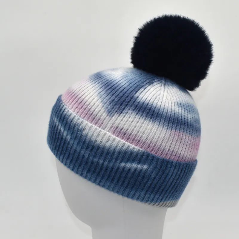 Fur hat woolen hat - Blue Pink