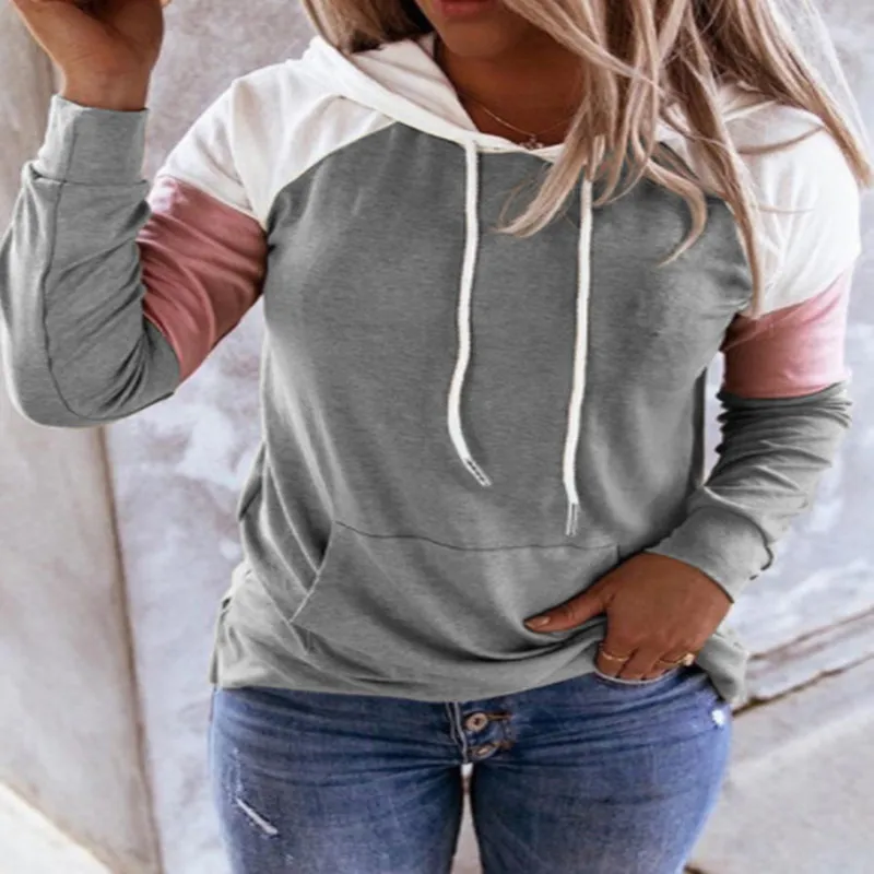 Ladies Loose Casual Color Matching Hooded Sweater - Light Grey