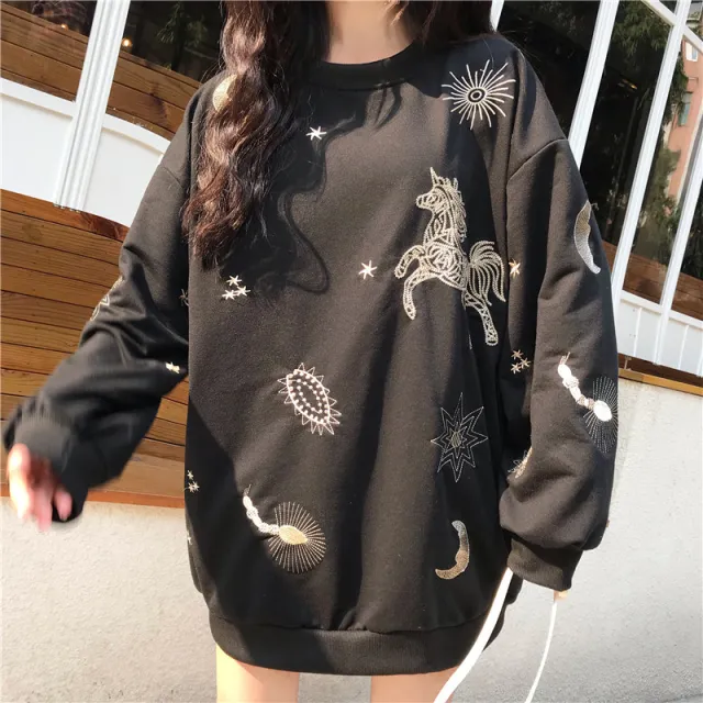 Personalized Embroidery Mid Length Top Net Red Loose Thin Long Sleeves Black - Shop at LoveMi