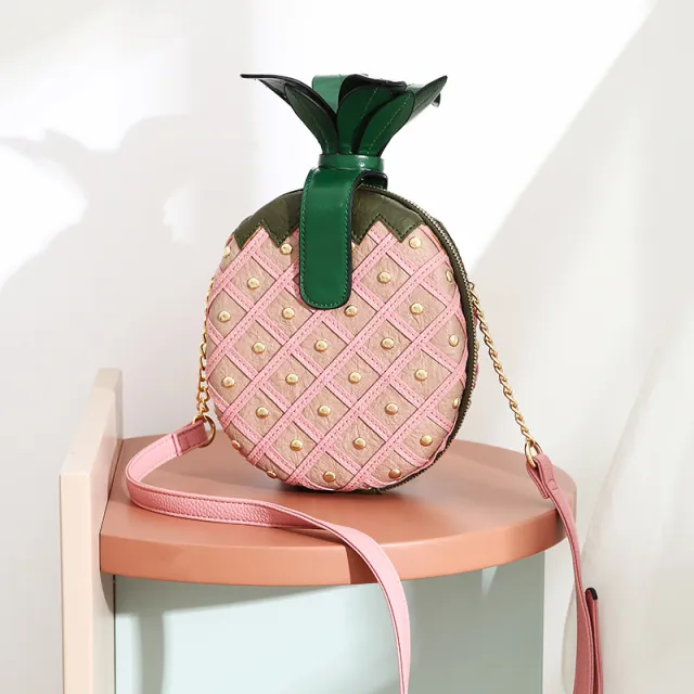 Pineapple Shape Rivet Chain Small Round Bag Pink - Shop at LoveMi