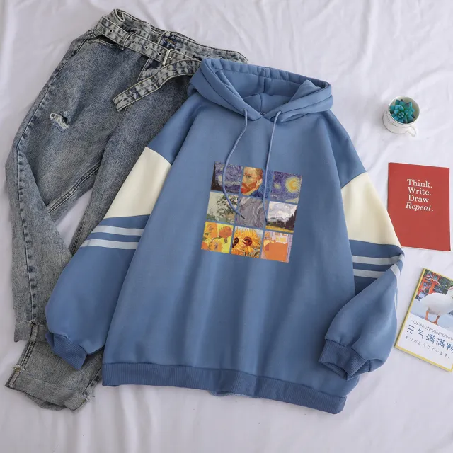 Loose hooded plus velvet padded sweater Blue - Shop at LoveMi