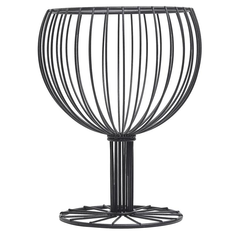 Geometric hollow wrought iron wine cup-shaped fruit basket - Black