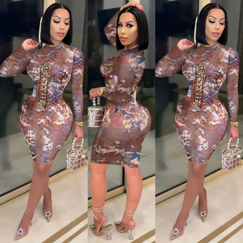 Fashion Lace Roman Print Long Sleeve Dress