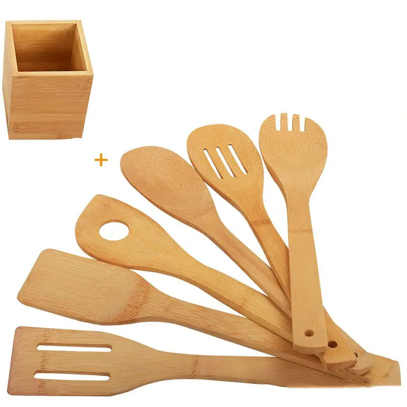 Bamboo Spatula Set with Square Holder Eco-Friendly Ergonomic Handle