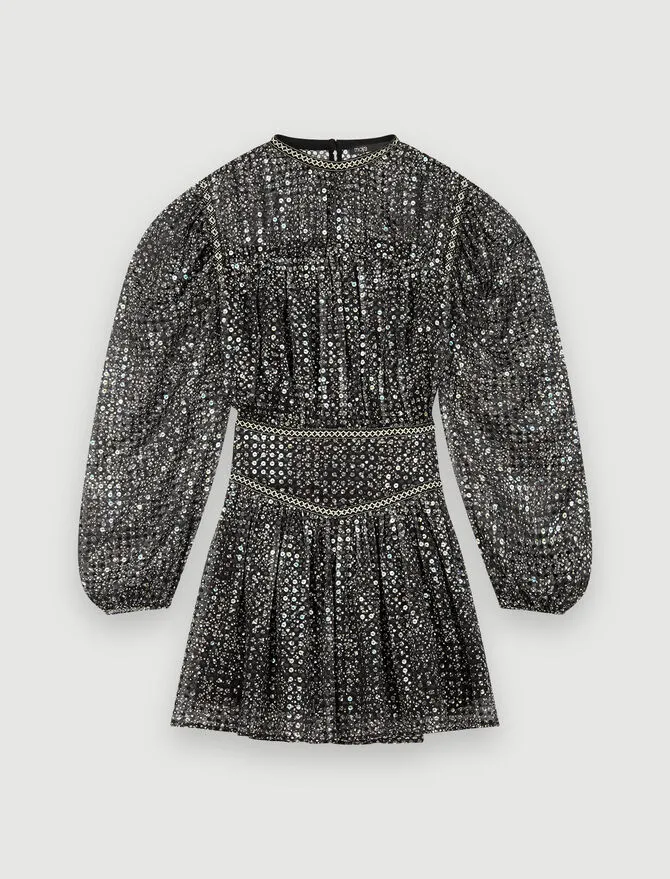 Fashion Ladies Style Heavy Industry Sequin Embroidery Long Sleeve Dress - Black