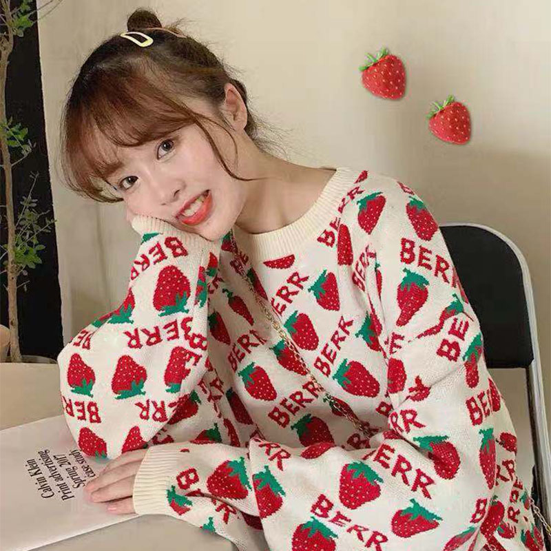 Sweet Strawberry Winter Women's Ins Harajuku  Letter Long Sleeve tops Knit Sweater New Fashion Loose ins Casual Women Sweater