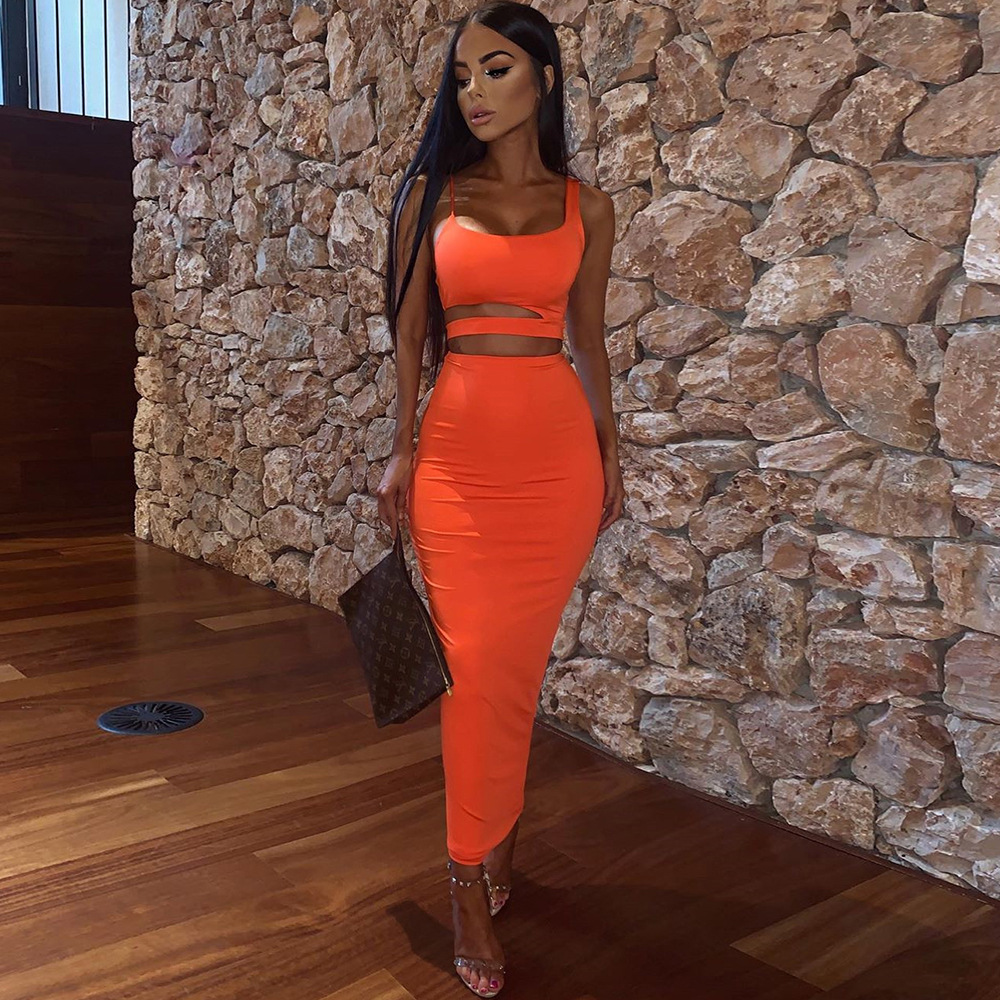 Round Neck Strap Hollow High Waist Skirt Suit