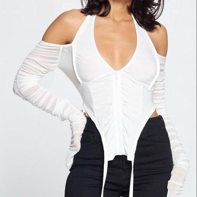 V-Neck Lace Up Mesh Sexy Perspective Long Sleeve T-Shirt