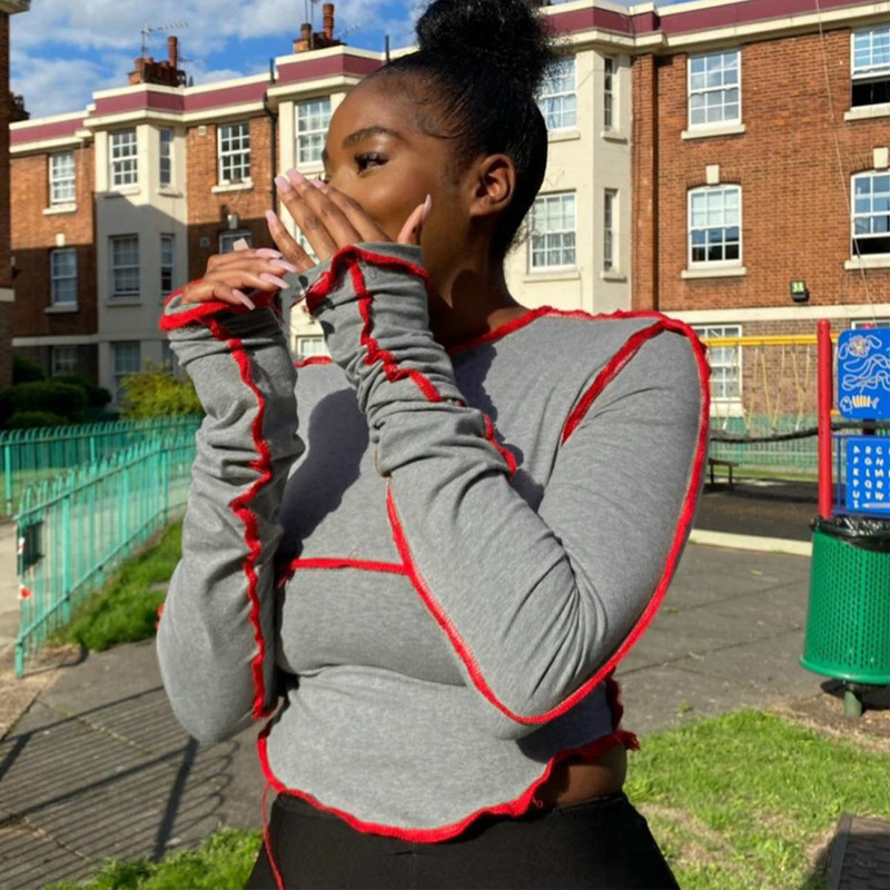 Trendy Street Contrast Color Anti-car Stitching Slim Long-Sleeved T-shirt