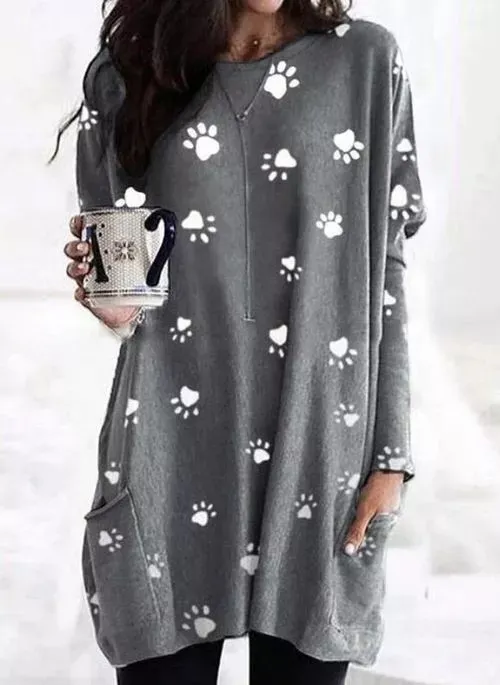 Paw print print long sleeve pocket T shirt top women Grey - Shop at LoveMi
