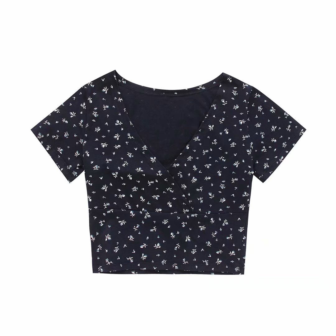 Printed cross V-neck floral short sleeves