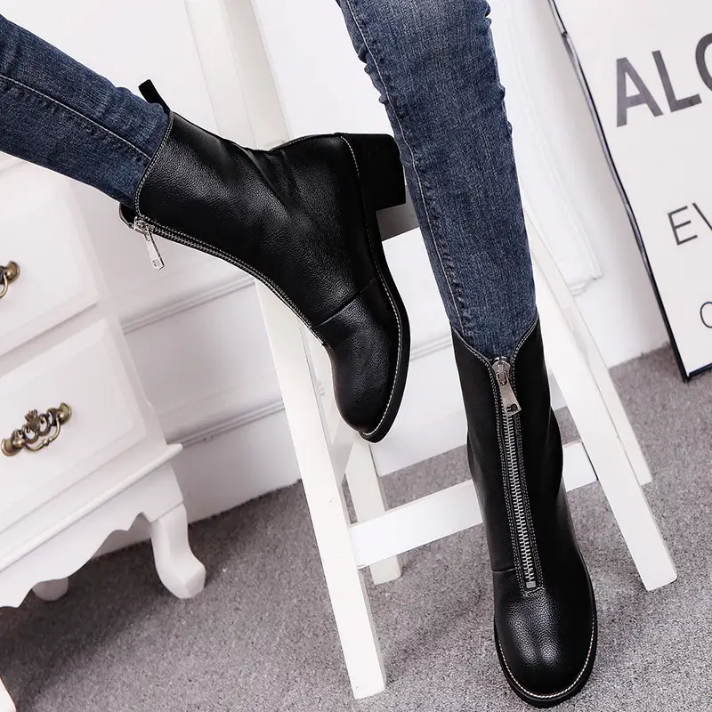 Flat Mid-Tube Soft Leather Front Zipper Single Boot