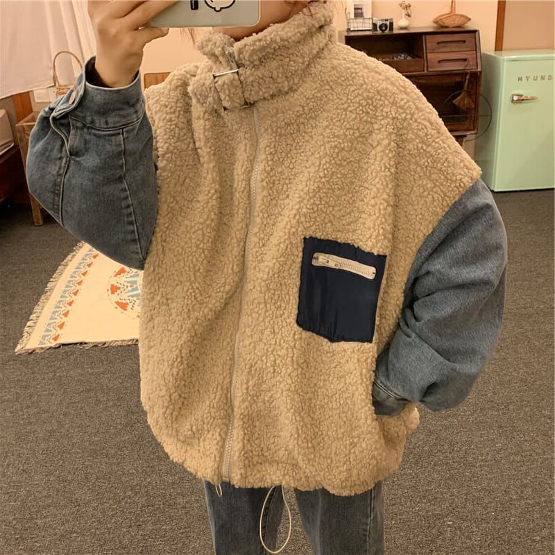 Denim paneled lambskin coat Brown - Shop at LoveMi