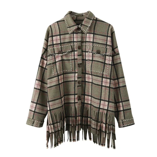Check shirt jacket with fringe Photo Color - Shop at LoveMi