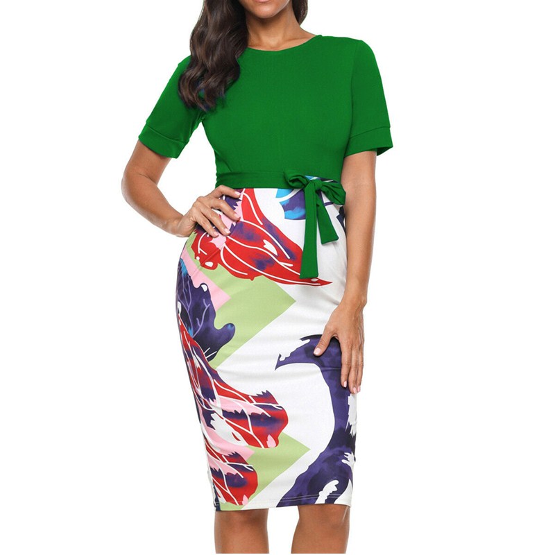 Belted Patchwork Short Sleeve Dress