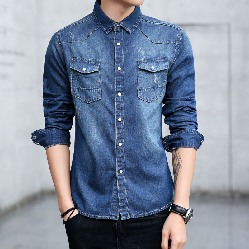 Denim long-sleeved shirt men's slim Korean style