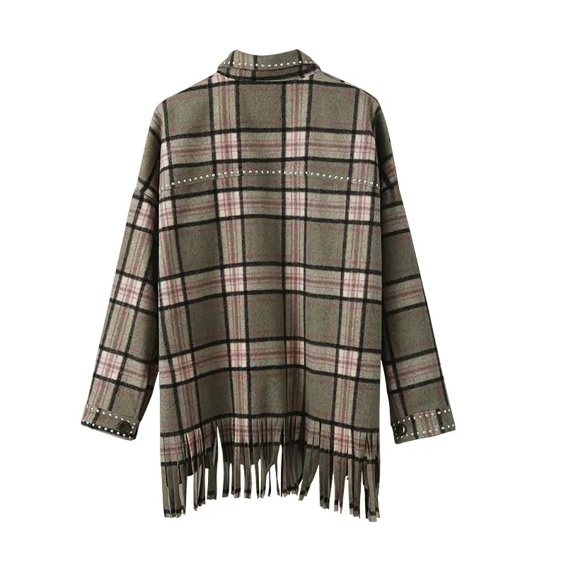 Check shirt jacket with fringe